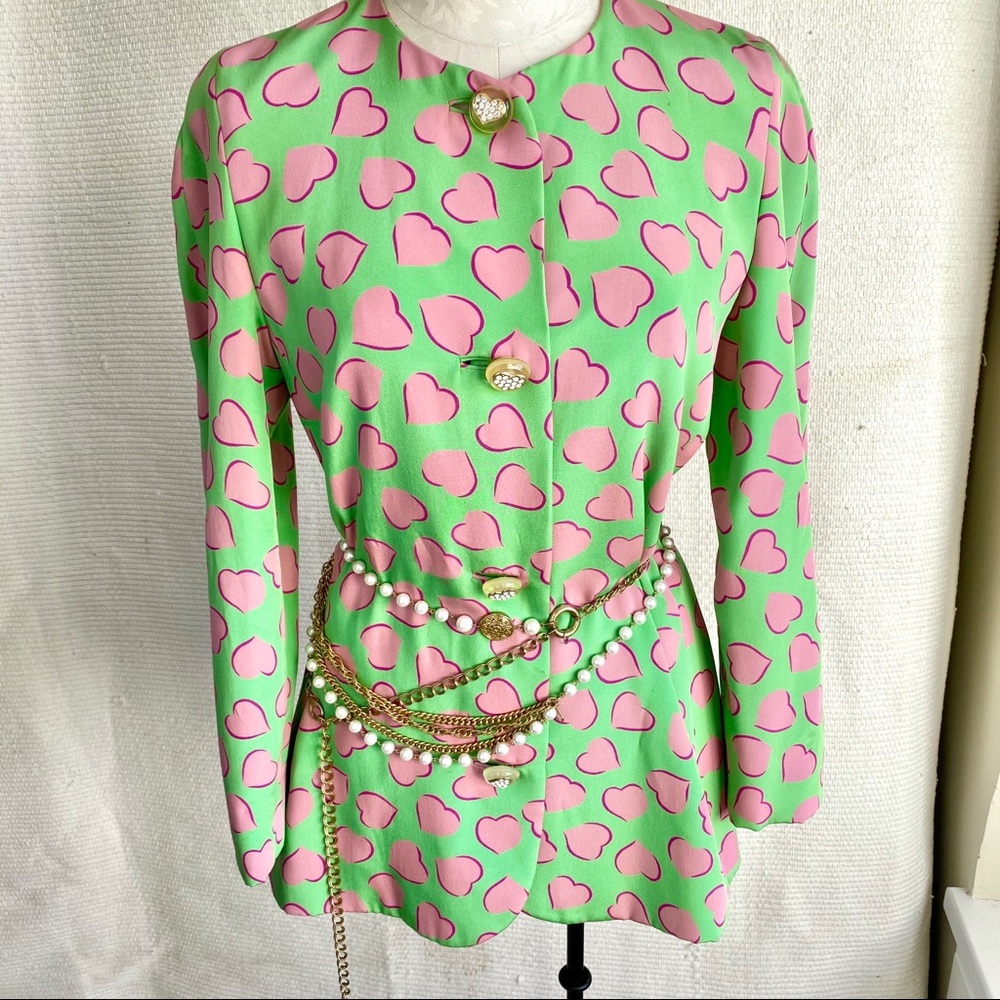 Vintage Carolina Herrera M Valentine's Day Silk Heart Print Blazer - Picture 1 of 8